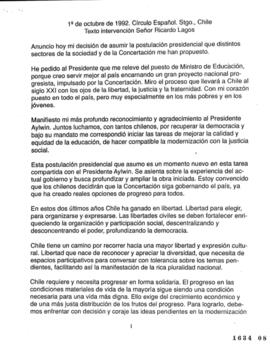 1º octubre de 1992. Circulo Español Santiago Chile. Texto intervención señor Ricardo Lagos