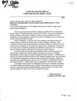 Miles de apoderados capacitados para defender el voto laguista. Lagos se dirigirá a ellos a travé...