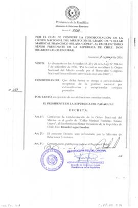 Decreto del Gobierno de Paraguay con que se otorga el Grado de Collar Mariscal Francisco Solano L...