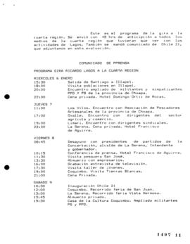 Comunicado de Prensa relativo a Programa de Gira de Ricardo Lagos a IV Región