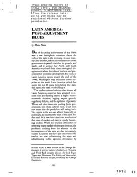 Latín América Post Adjustment Blues. Artículo de prensa