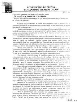 Lucharé por no defraudarlos. Lagos a sus adherentes con respecto a la segunda vuelta