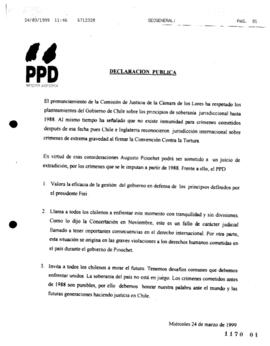 Declaración Pública del Partido Por la Democracia respecto a Posible Extradición de Augusto Pinochet