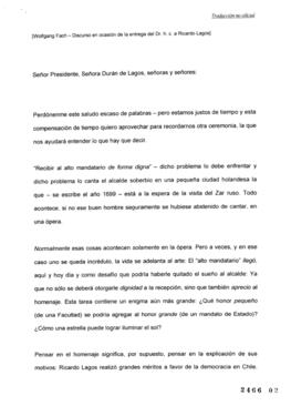 Discurso del Profesor Wolfgang Fach en ocasión de Entrega Doctor Honoris Causa al Presidente de l...