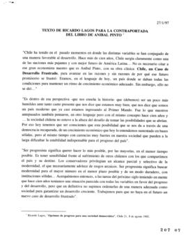 Texto de Ricardo Lagos para la Contraportada de Libro de Aníbal Pinto