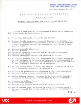 Pauta relativa a Audiencia Partido Unión de Centro Centro con Ministro de Educación Ricardo Lagos