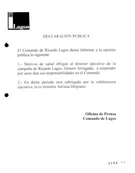 Declaración Pública relativa a Reemplazo Temporal de Director de Campaña de Ricardo Lagos Genaro ...
