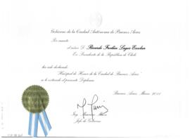 Diploma con el que se declara al Ex Presidente Ricardo Lagos Huésped Ilustre de la Ciudad de Buen...
