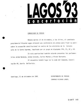 Comunicado de Prensa relativo a Conferencia de Prensa que Fija Posición de Ricardo Lagos en Acusa...