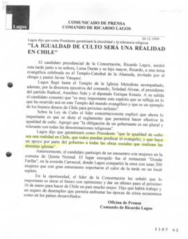 La igualdad de culto será una realidad en Chile. Lagos dijo que como Presidente garantizará la pl...