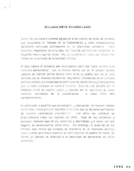 Declaración de Ricardo Lagos relativa a Elecciones Primarias de Concertación