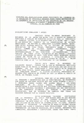 Discurso del excelentísimo señor Presidente del Congreso de la República de Venezuela senador Ped...