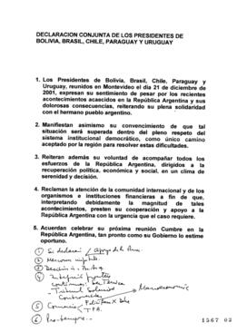 Declaración Conjunta de Presidentes de Bolivia Brasil Chile Paraguay y Uruguay relativo a Solidar...