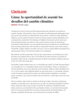 Lima: la oportunidad de asumir los desafíos del cambio climático. Columna de opinión