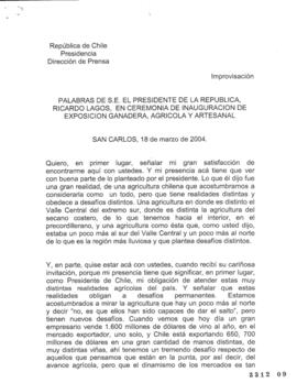 Palabras de S.E. el Presidente de la República, Ricardo Lagos, en ceremonia Inauguración de Expos...