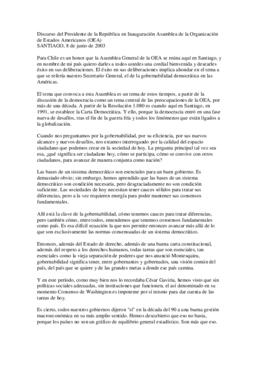 Discurso del Presidente de la República en Inauguración Asamblea de la Organización de Estados Am...