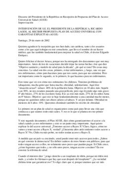Intervención de S.E. Presidente de la República, Ricardo Lagos, al recibir la Propuesta del Plan ...