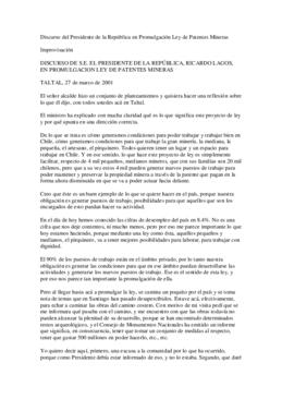 Discurso del Presidente de la República en Promulgación Ley de Patentes Mineras
