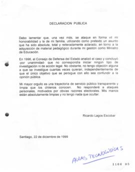 Declaración Pública relativa a Aclaración de Ricardo Lagos respecto a Adquisición de Material en ...
