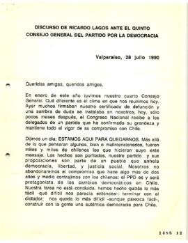 Discurso de Ricardo Lagos ante el V Consejo General del Partido Por la Democracia