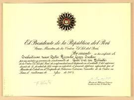 Diploma otorgado por el Gobierno de Perú a Ricardo Lagos, mediante el cual se le concede La Gran ...