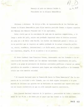Mensaje al país de Gabriel Valdés S. Presidente de la Alianza Democrática