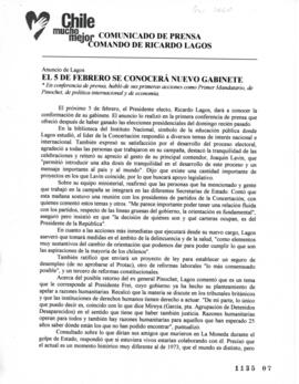 El 5 de febrero se conocerá nuevo Gabinete. Anuncio de Lagos. Comunicado de Prensa