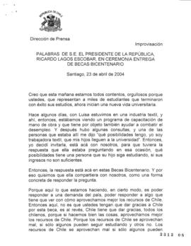 Palabras del Presidente de la República en ceremonia de entrega de Becas Bicentenario. Improvisación