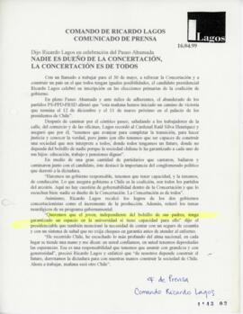 Nadie es dueño de la Concertación, la Concertación es de todos. Dijo Ricardo Lagos en celebración...