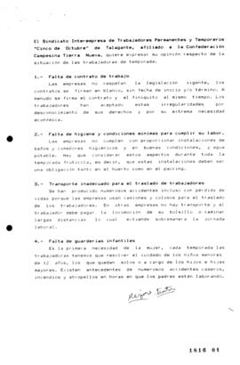 Declaración del Sindicato Interempresa de Trabajadores Permanentes y Temporeros Cinco de Octubre ...