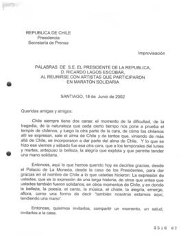 Palabras de S.E. el Presidente de la República, D. Ricardo Lagos Escobar, al Reunirse con Artista...