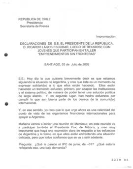 Declaraciones de S.E. el Presidente de la República. d. Ricardo Lagos, luego de Reunirse con Jóve...