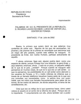 Palabras de S.E. el Presidente de la República, D.Ricardo Lagos, luego de Visitar Call Center de ...