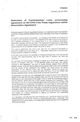 Statement of Comissioner Lamy announcing agreement on EU-Chile Free Trade Negotiation within Asso...