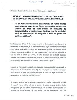 Comunicado de Prensa al Recibir Ricardo Lagos Doctorado Honoris Causa de la Universidad de Magall...