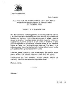 Palabras de S.E. el Presidente de la República, Ricardo Lagos Escobar, al Embarcarse en Tren del ...