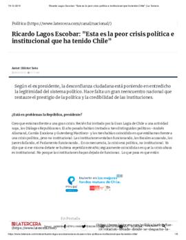 Ricardo Lagos Escobar: "Esta es la peor crisis política e institucional que ha tenido Chile&...