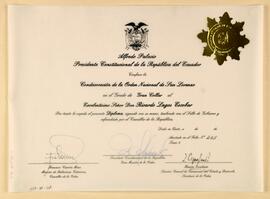 Diploma otorgado por el Gobierno de Ecuador al Presidente Ricardo Lagos, mediante el cual se le c...