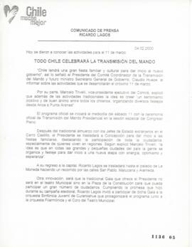 Todo Chile celebrará la transmisión del mando. Hoy se dieron a conocer las actividades para el 11...