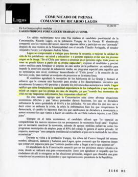 En la Granja explicó medidas. Lagos propone fortalecer trabajo juvenil. Comunicado de Prensa
