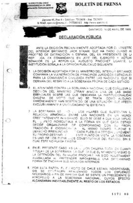 Declaración Pública del Ejército de Chile sobre Decisión de Extradición de Pinochet a España