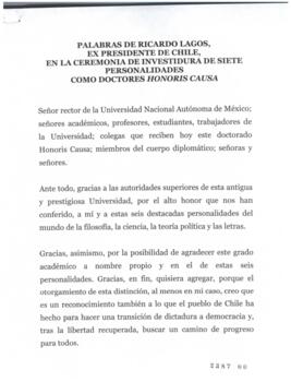 Discurso de Ricardo Lagos en ceremonia de investidura de Grado Honoris Causa, Universidad Autónom...