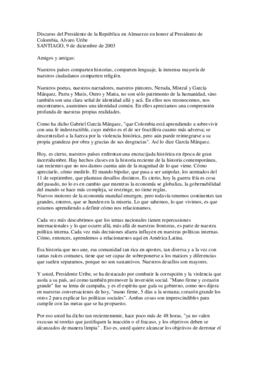 Discurso del Presidente de la República en Almuerzo en honor al Presidente de Colombia, Alvaro Uribe