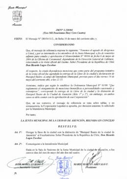 Decreto con el que se declara al Presidente Ricardo Lagos Huésped Ilustre de la Ciudad de Asunción