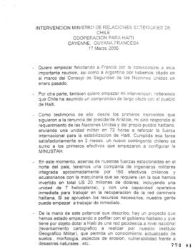 Discurso de Ministro Relaciones Exteriores de Chile relativo a Cooperación para Haití Cayenne Guy...