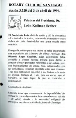 Rotary Club de Santiago, Sesión 3.510 del 3 de abril de 1996. Palabras del Presidente, Dr. León K...
