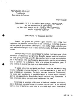 Palabras de S.E. el Presidente de la República, D. Ricardo Lagos Escobar, al Recibir a Deportista...