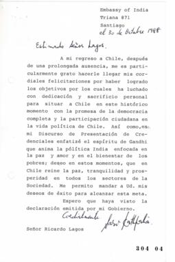 Carta de Felicitaciones de Embajador de India en Chile dirigida a Ricardo Lagos relativa a Triunf...