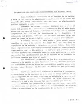 Declaración del Comité de Independientes por Ricardo Lagos