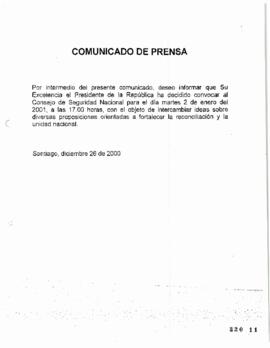 Comunicado de Prensa que informa sobre realización de Consejo de Seguridad Nacional
